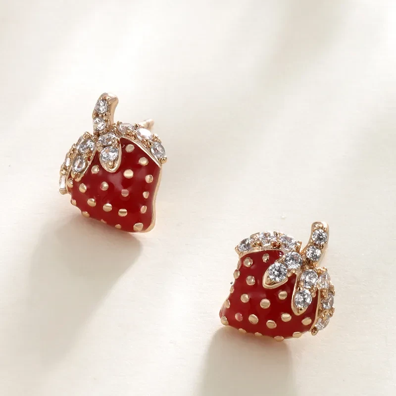 Cute Red Strawberry Fruit Inlaid Zirconium Stud Earrings