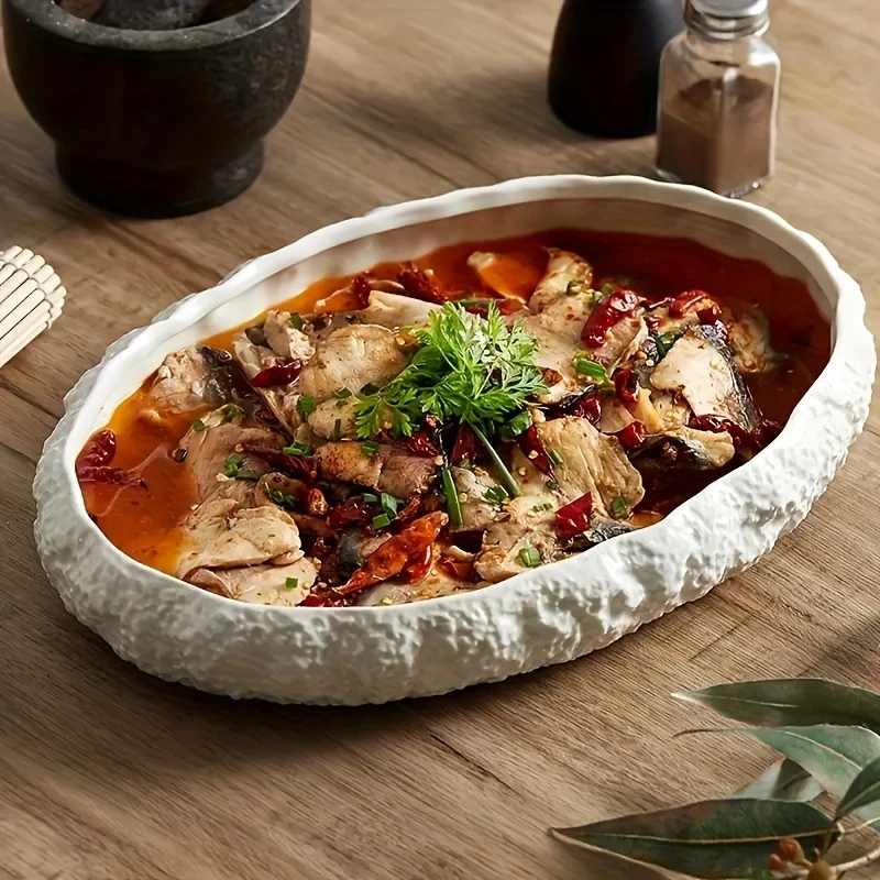 Luxury Ceramic Seafood Serving Platter with Textured Rim