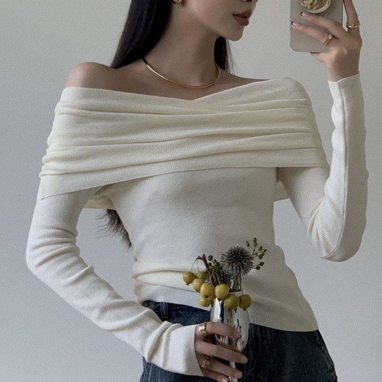 Off-neck Twisted Shoulder-baring Sweater Women