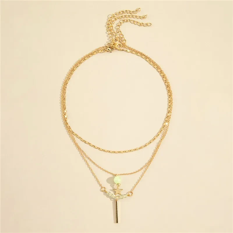 Multilayer Five-pointed Star Long Pendant Necklace Round Bead Chain Three-piece Set