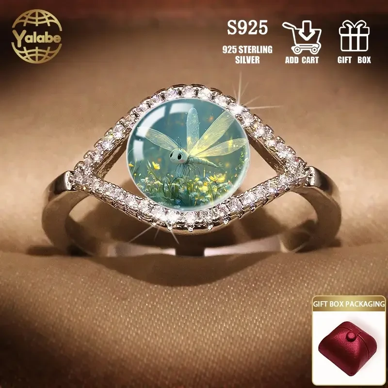 Yalabe Elegant 925 Sterling Silver Ring with Glass Firefly Design, Adjustable Open Band for Men and Women  Perfect for Daily Wear