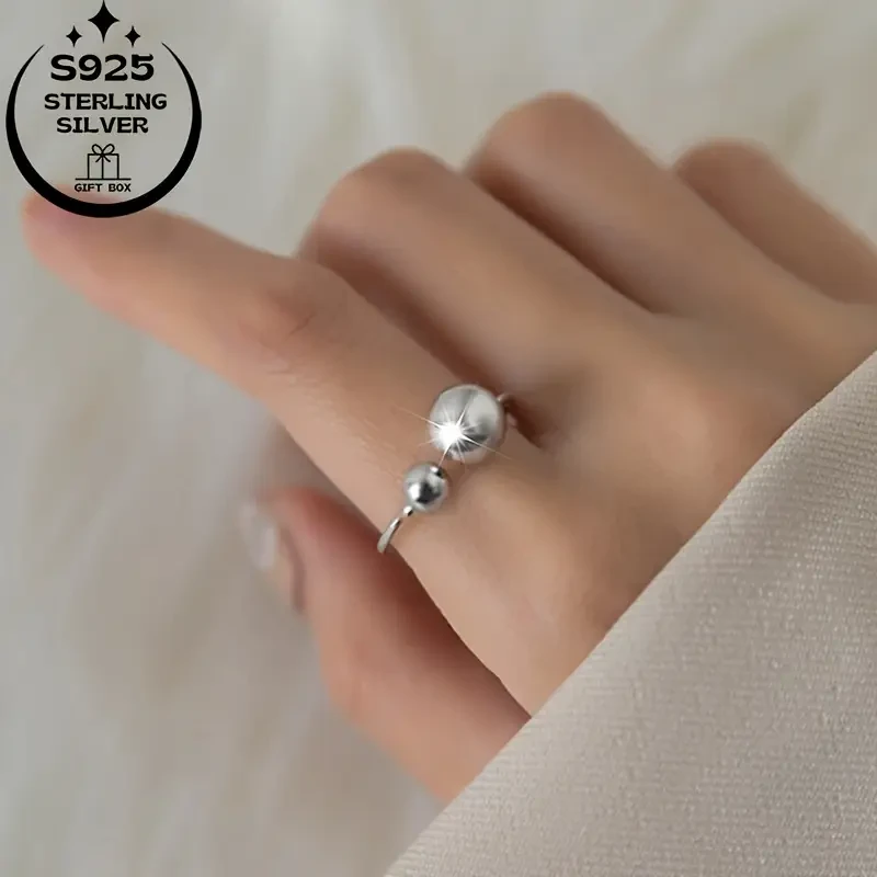 925 Silver Simple Sweet Polished Large Bead Women's Ring, Adjustable Opening Perfect for Everyday and Party Wear