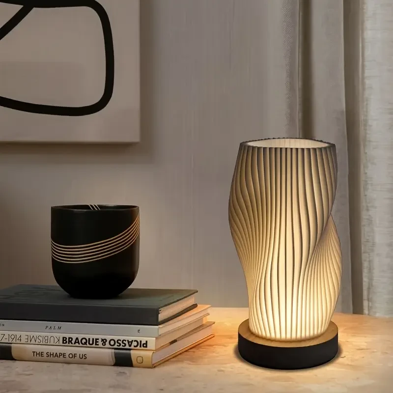 Modern LED Art Table Lamp with Wooden Base USB Powered, Adjustable Brightness & Artistic 3D Printed Shade for Bedroom & Living Room Dcor