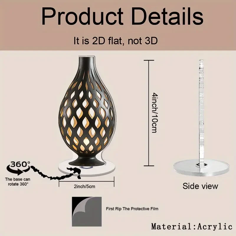 2D Flat Rotating Acrylic Table Lamp with Teardrop Base & Intricate Oval Pattern  Stylish Cordless Design for Ambient Lighting, Perfect for Home Dcor, Holiday & Party Decoration