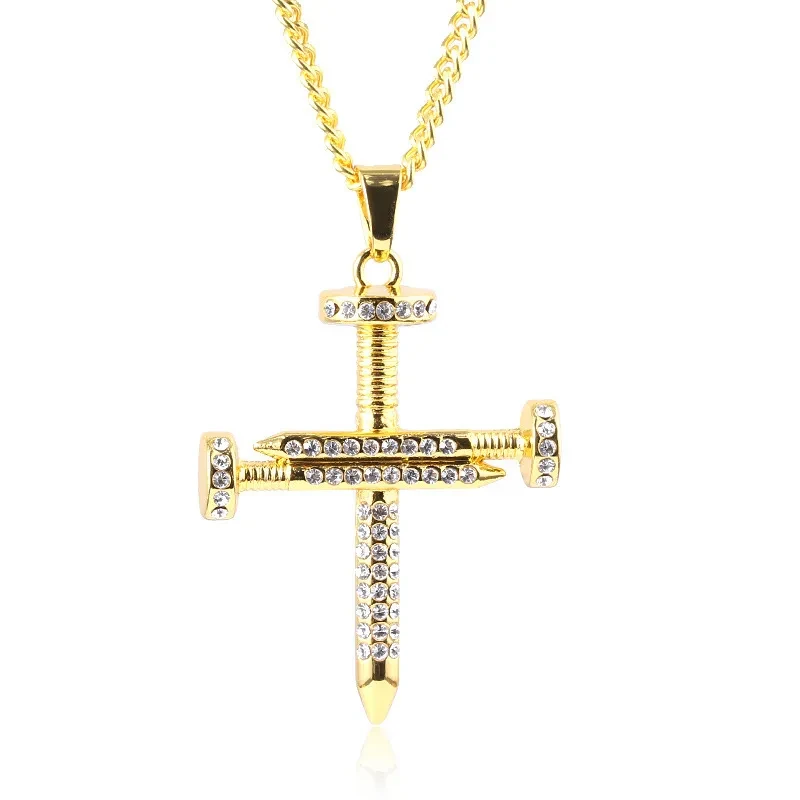 Men's Personality Nail Cross Full Diamond Punk Necklace
