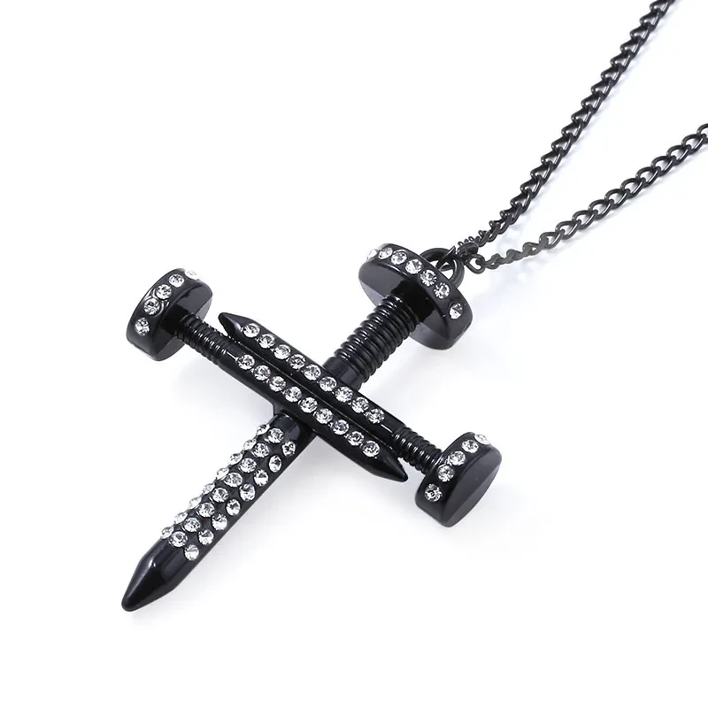 Men's Personality Nail Cross Full Diamond Punk Necklace