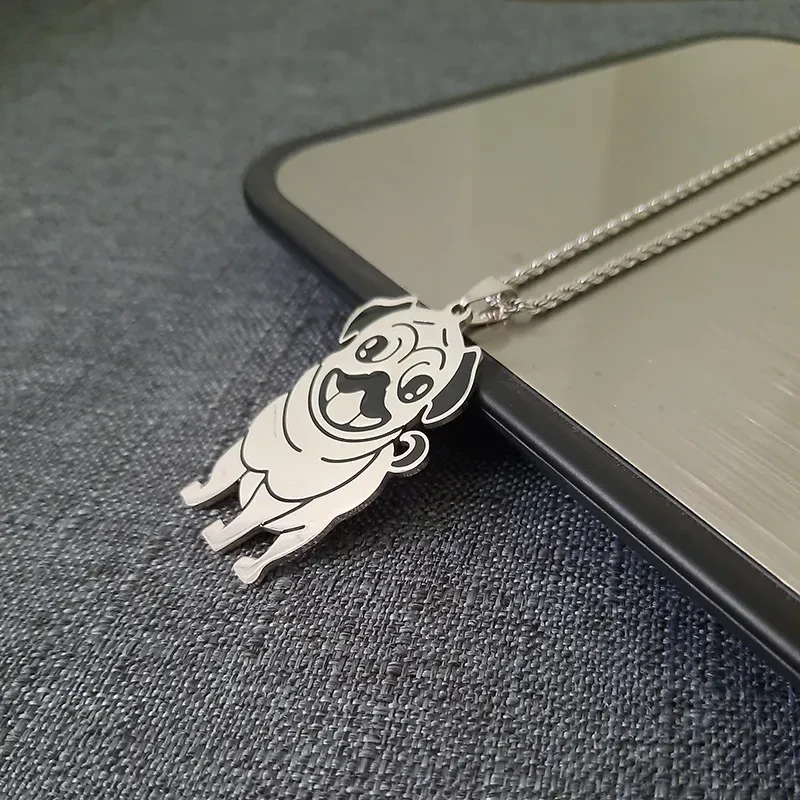 Stainless steel cartoon pug pendant necklace