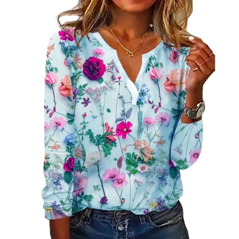 Women's Printed V-neck Long-sleeved T-shirt Top