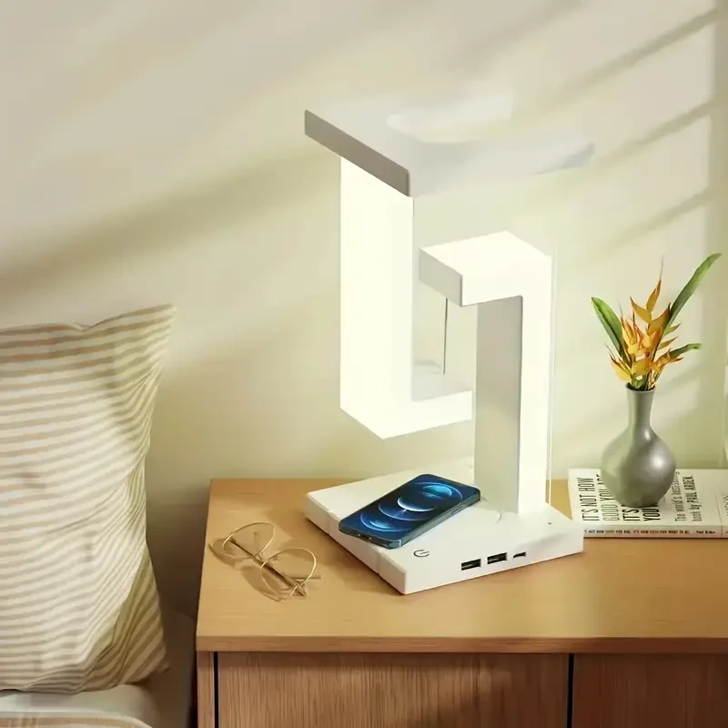 1pc Modern Floating LED Night Light | USB Powered with Wireless Charging | Adjustable Lighting | Touch Control | Space-Themed Design