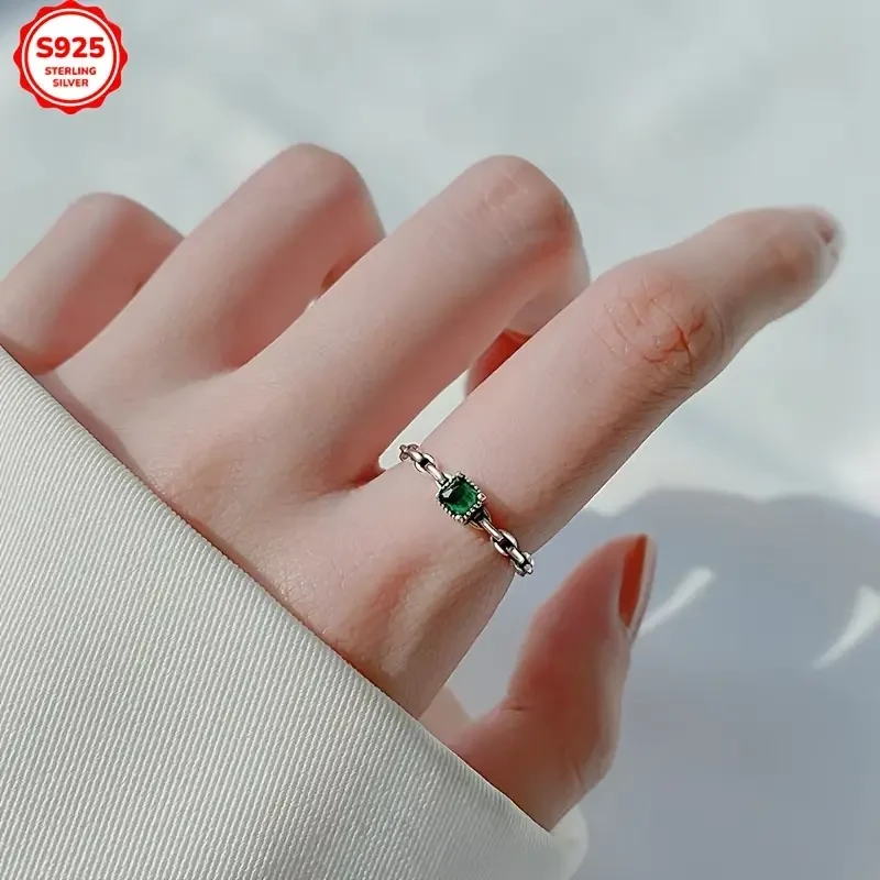 Elegant 925 Sterling Silver Ring with Emerald Green Cubic Zirconia - Minimalist Intertwined Design, Perfect for Daily Wear & Special Occasions