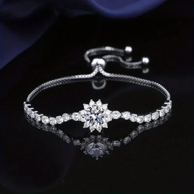 Elegant Moissanite Sunflower Adjustable Bracelet  Luxury Silver-Plated with 2 Carat Center Stone & Moissanite Accents, Ideal for Halloween & Daily Wear