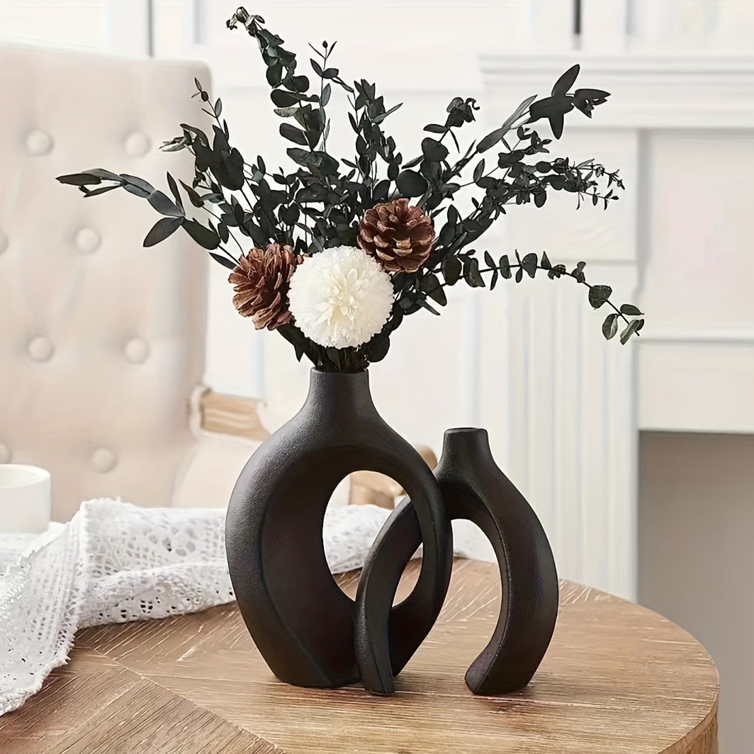 Hollow Nordic Modern Ceramic Vase Set of 2 - Modern Boho Hollow Flower Vases for Living Room and Bookshelf