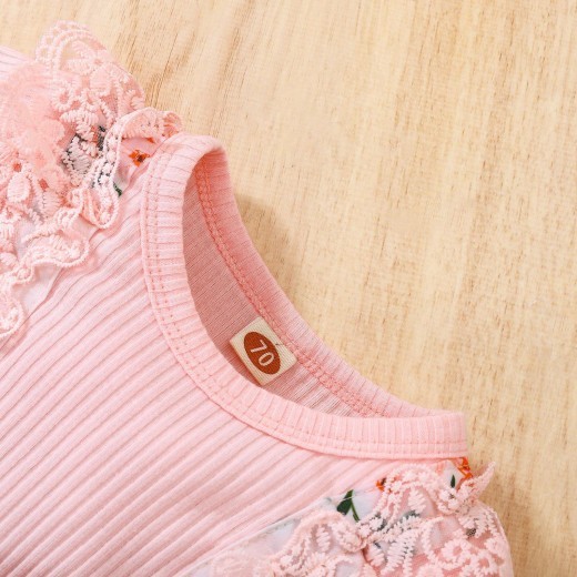 Baby Girl Autumn New Lace Cotton Sunken Stripe Stitching One-piece Romper