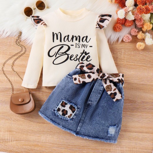 Children Suit Sunken Stripe Letter Jacket Leopard Patch Denim Skirt