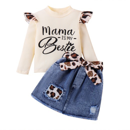 Children Suit Sunken Stripe Letter Jacket Leopard Patch Denim Skirt