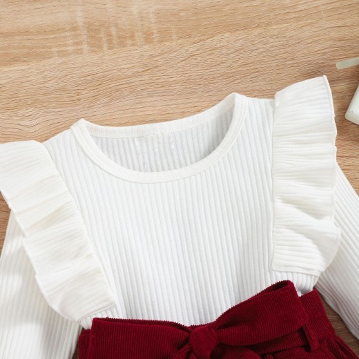 Girls Autumn And Winter Solid Color Lace Long-sleeved Corduroy Suit