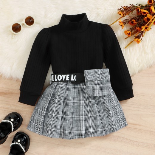 Korean Style Children Autumn Winter Cotton Sunken Stripe Turtleneck Top Plaid Suit