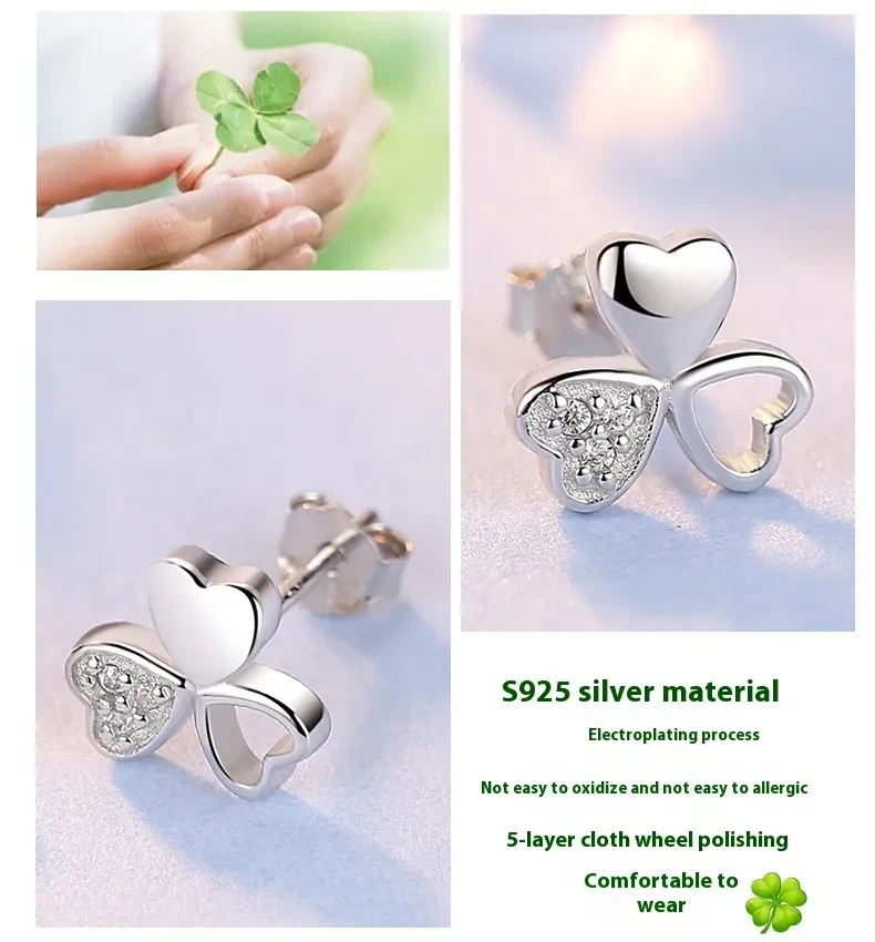 925 Silver Lucky Clover Zircon Stud Earrings Flower Cute