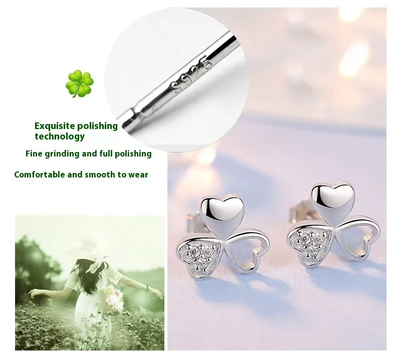 925 Silver Lucky Clover Zircon Stud Earrings Flower Cute