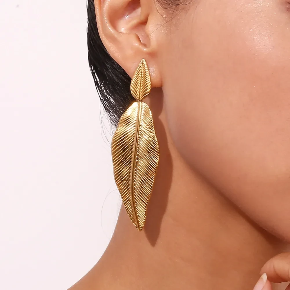 Stainless Steel Leaf Pendant Metal Leaf Texture Earrings