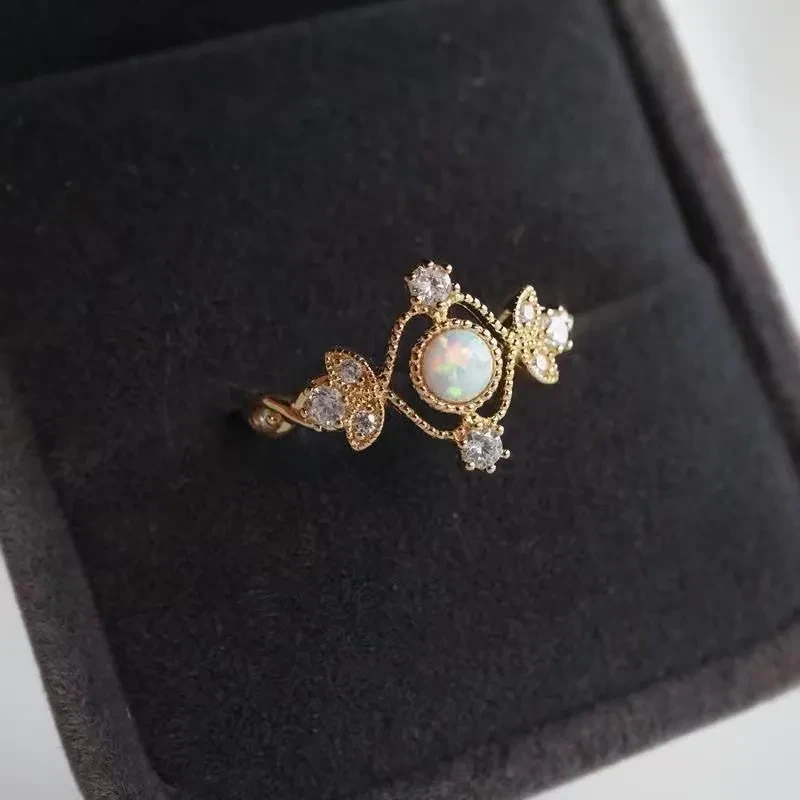 Inlaid Natural Opal Stone Ring Female Copper Plating Gold Ring
