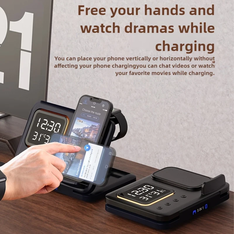 5-in-1 Clock Wireless Charging Station with Adjustable Night Light