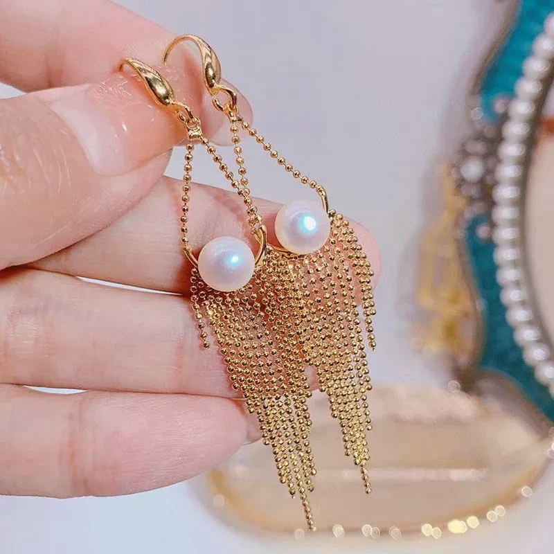 Women's Natural Freshwater Pearl Long Fringe Earrings