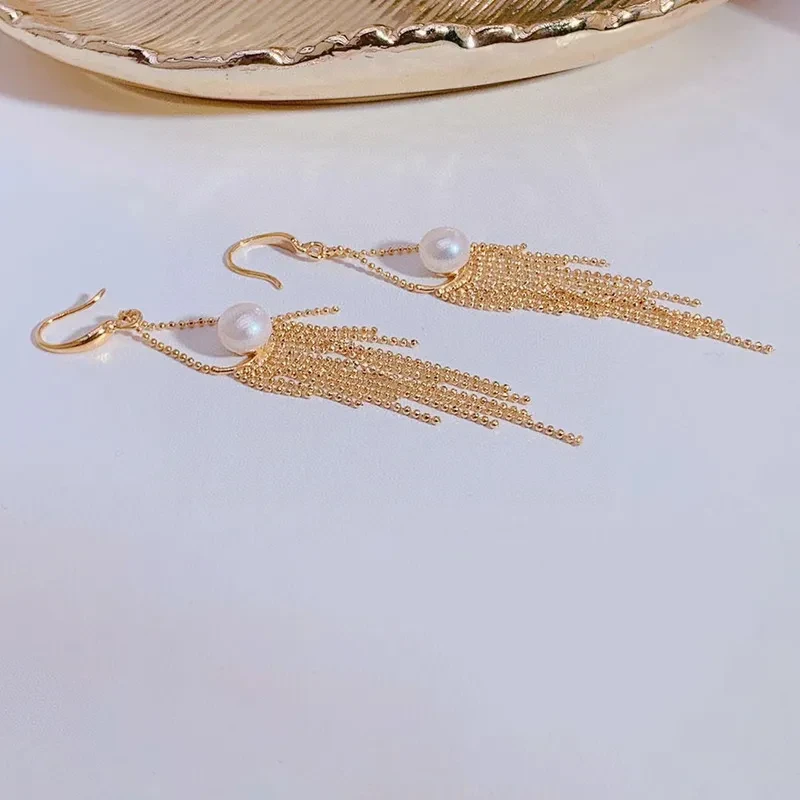 Women's Natural Freshwater Pearl Long Fringe Earrings