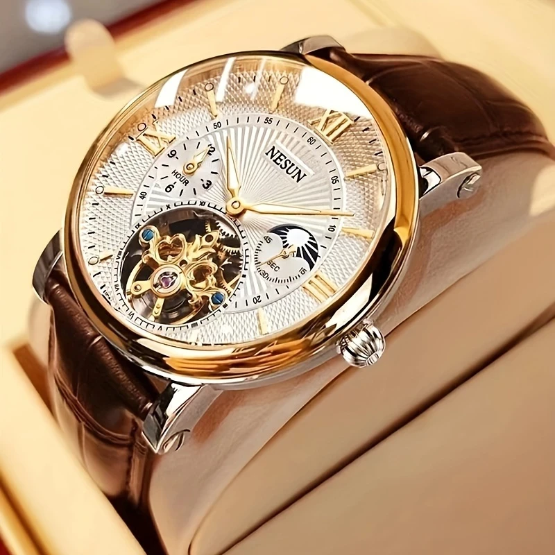 Nesun Mens Business Casual Mechanical Watch  Automatic, Dial-Through Design, Date Display, Stainless Steel Case, Faux Leather Strap, No Battery Needed, Ideal for Valentines Day Gift, Business Casual Accessory