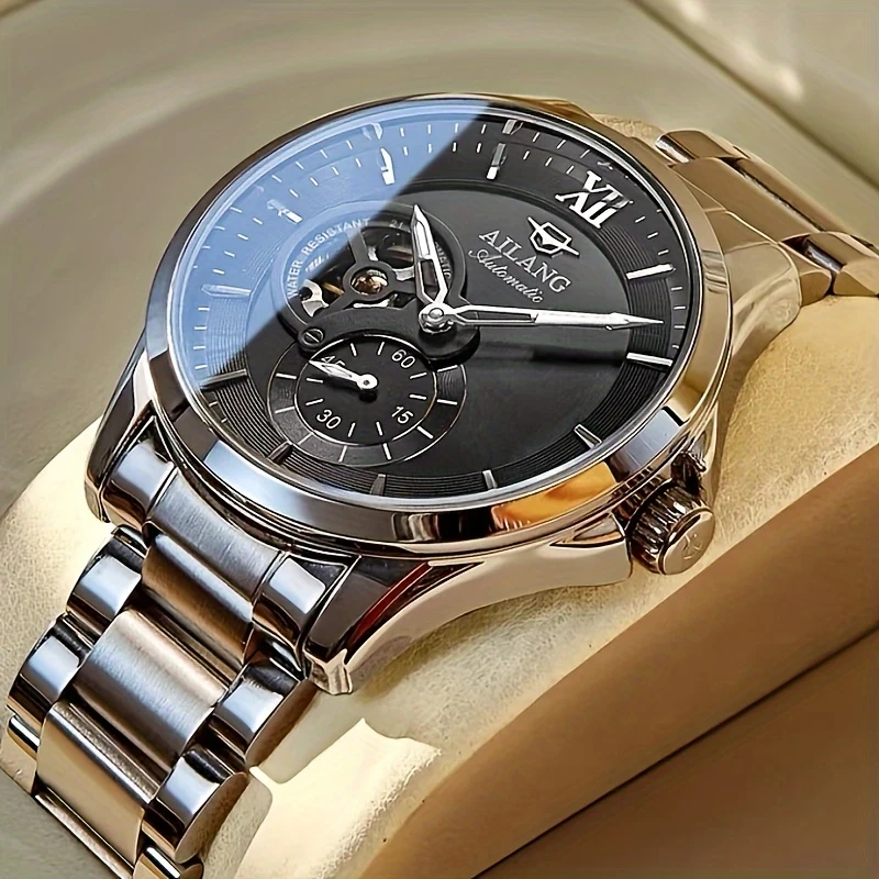 Elegant Automatic Chronograph Watch for Men Stainless Steel Bracelet, Skeleton Dial, Self-Winding Mechanism, Perfect for Business and Casual Wear