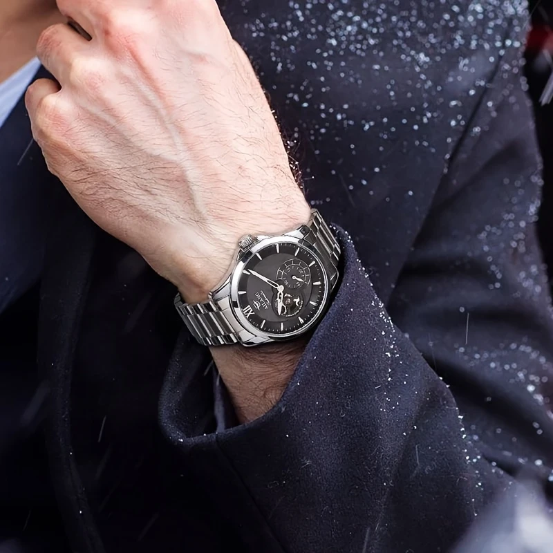 Elegant Automatic Chronograph Watch for Men  Stainless Steel Bracelet, Skeleton Dial, Self-Winding Mechanism, Perfect for Business and Casual Wear