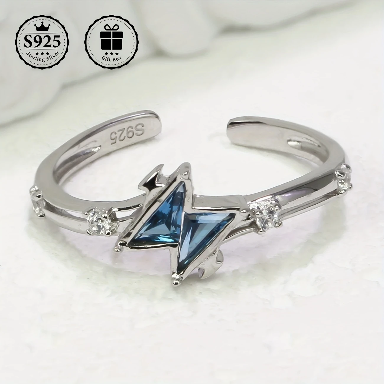 Adjustable S925 Silvery Ring with Elegant Blue Triangle Zirconia Faux Gemstones Perfect for Engagement, Weddings, Gifts, and Everyday Elegance