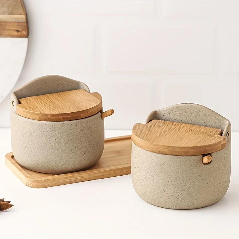Japanese Ceramic Bamboo and Wood Lid Seasoning Jar Set Elegant and Practical Storage for Salt, Sugar, and Spices