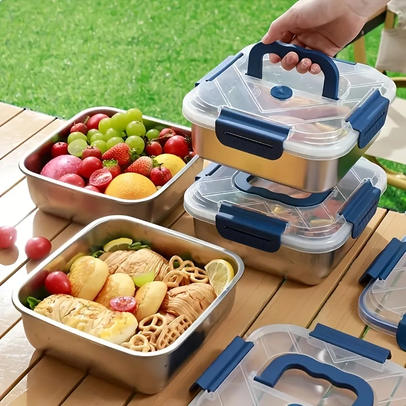 4pcs Stainless Steel Leakproof Food Storage Container with Blue Lid  Microwave Safe, Reusable, Ideal for Refrigerator & Bento Boxes, Kitchen Essentials, Universal Fit for Outdoor Cooking & Meal Prep