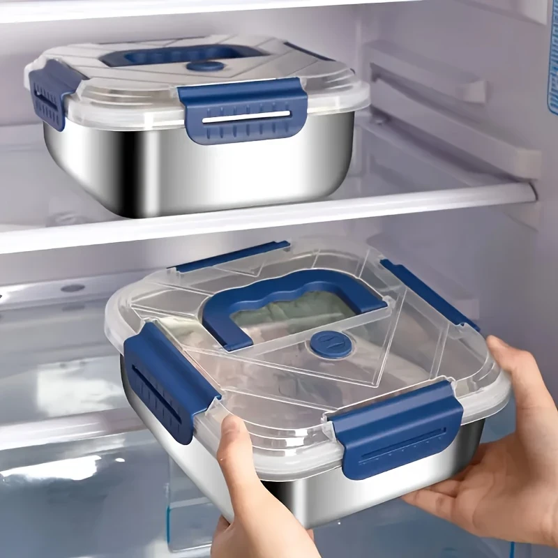 4pcs Stainless Steel Leakproof Food Storage Container with Blue Lid  Microwave Safe, Reusable, Ideal for Refrigerator & Bento Boxes, Kitchen Essentials, Universal Fit for Outdoor Cooking & Meal Prep