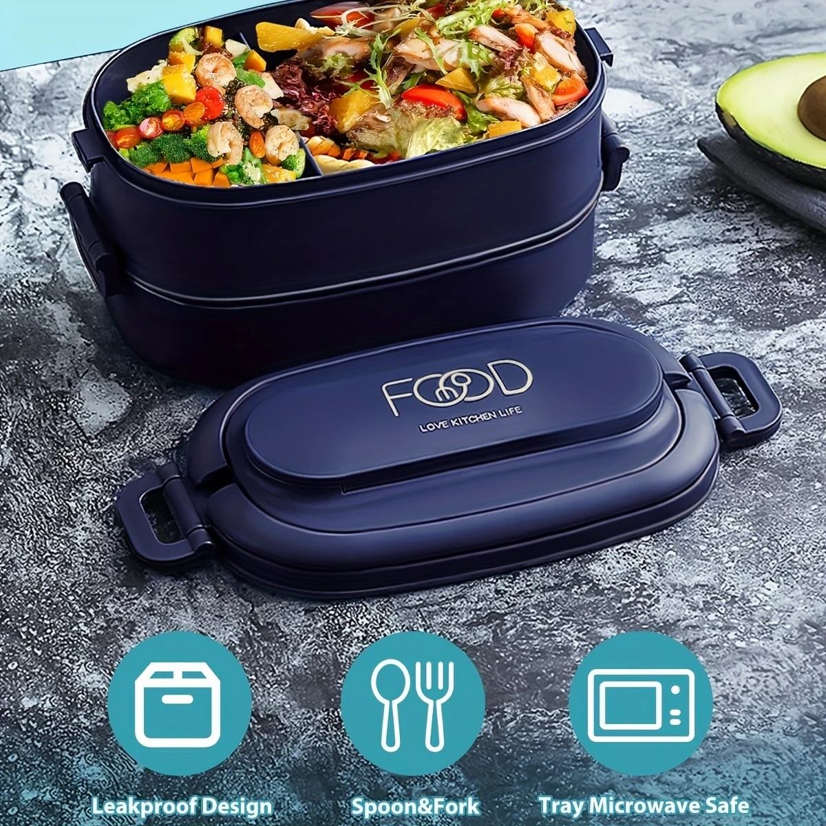 LDQ Stackable Lunch Box with Utensils Leakproof, Microwave Safe, 1550ml Bento Box for Work & Outdoor Use Meal Prep Container with Compartments for Salads, Pasta, Veggies