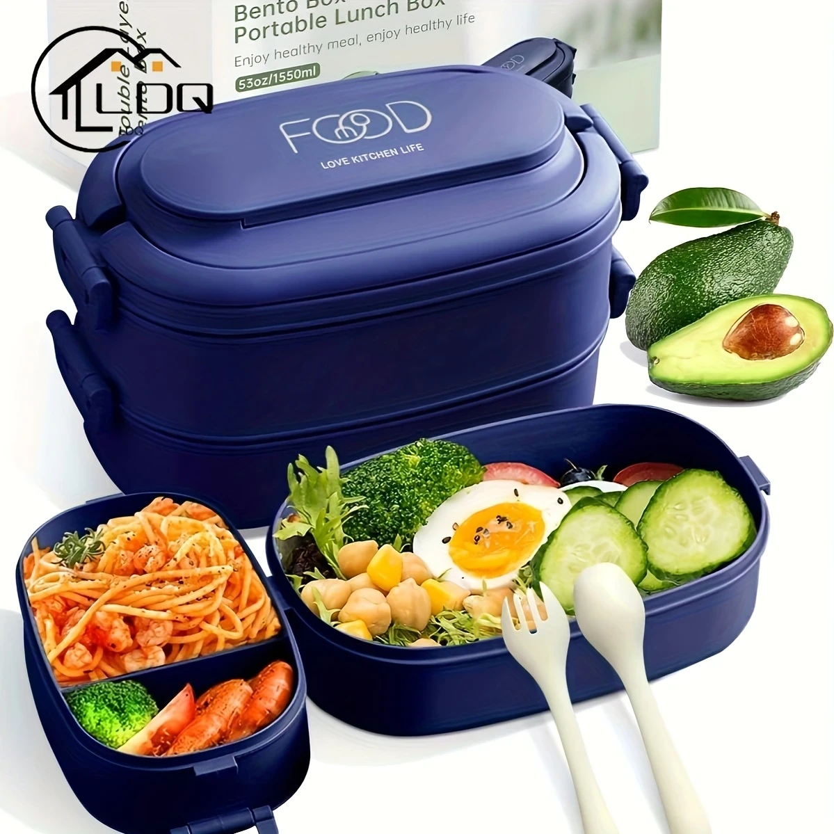 LDQ Stackable Lunch Box with Utensils Leakproof, Microwave Safe, 1550ml Bento Box for Work & Outdoor Use Meal Prep Container with Compartments for Salads, Pasta, Veggies