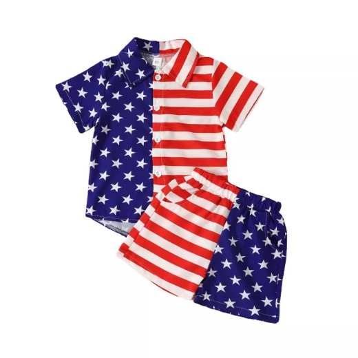 Summer Boys' Independent Japanese Star Stripe Single-breasted Short Sleeve Shorts Suit