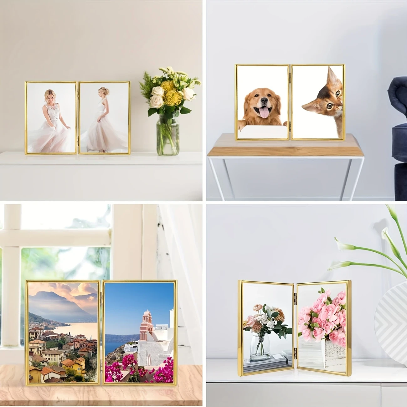 Picture Frame Double Hinged Gold Metal Thin Edge Frame with High Definition Glass Front  Folding Frames Stand Vertically on Tabletop for Portraits & Landscapes