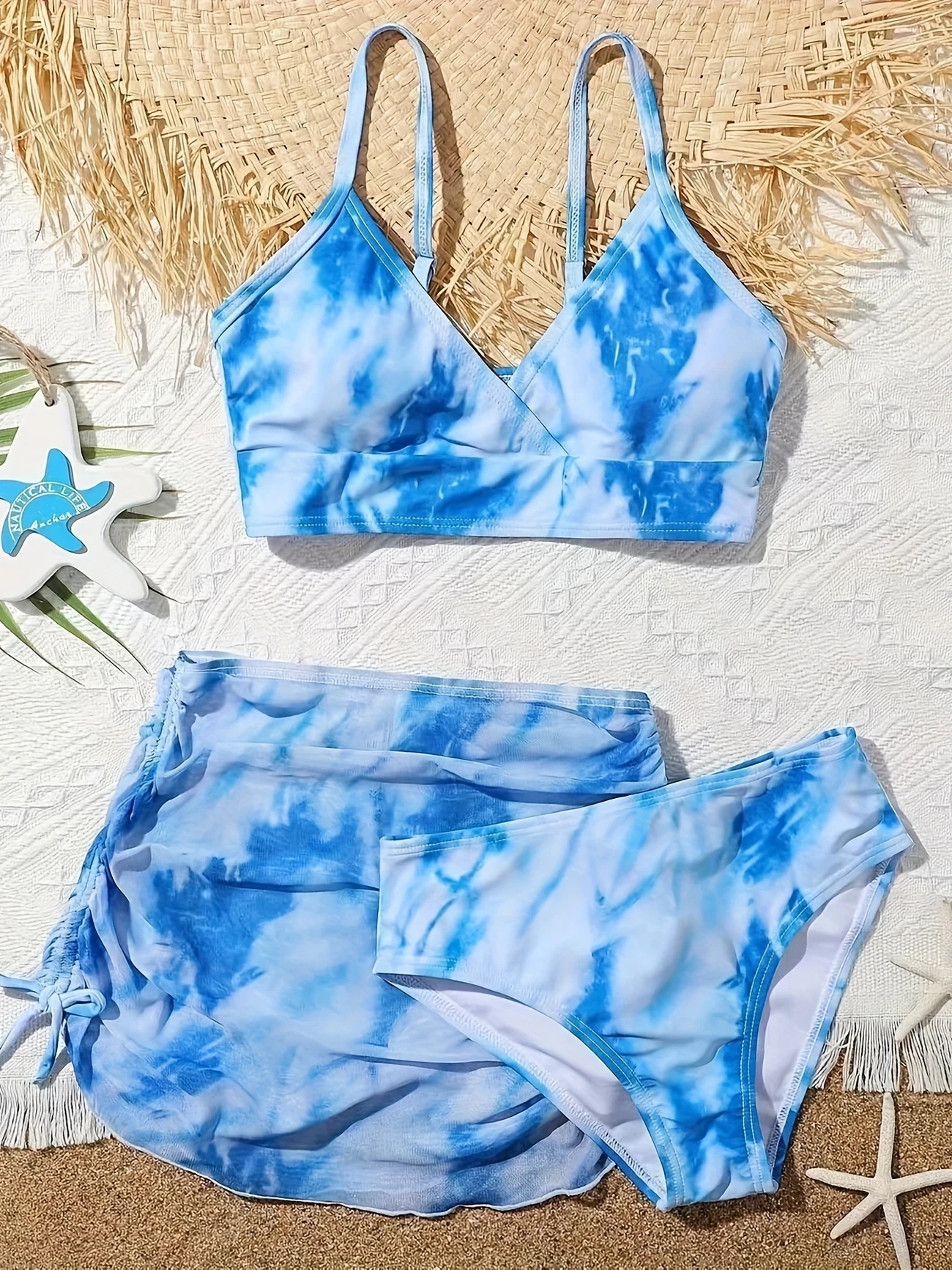 3pcs Girls' Bikini Swimsuit Set - Blue Tie-Dye V-Neck High-Waisted Bottoms with Removable Pads