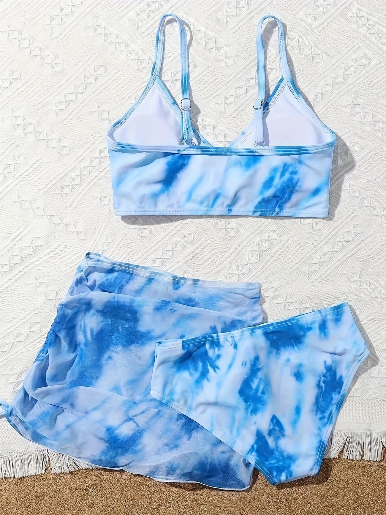 3pcs Girls' Bikini Swimsuit Set - Blue Tie-Dye V-Neck High-Waisted Bottoms with Removable Pads