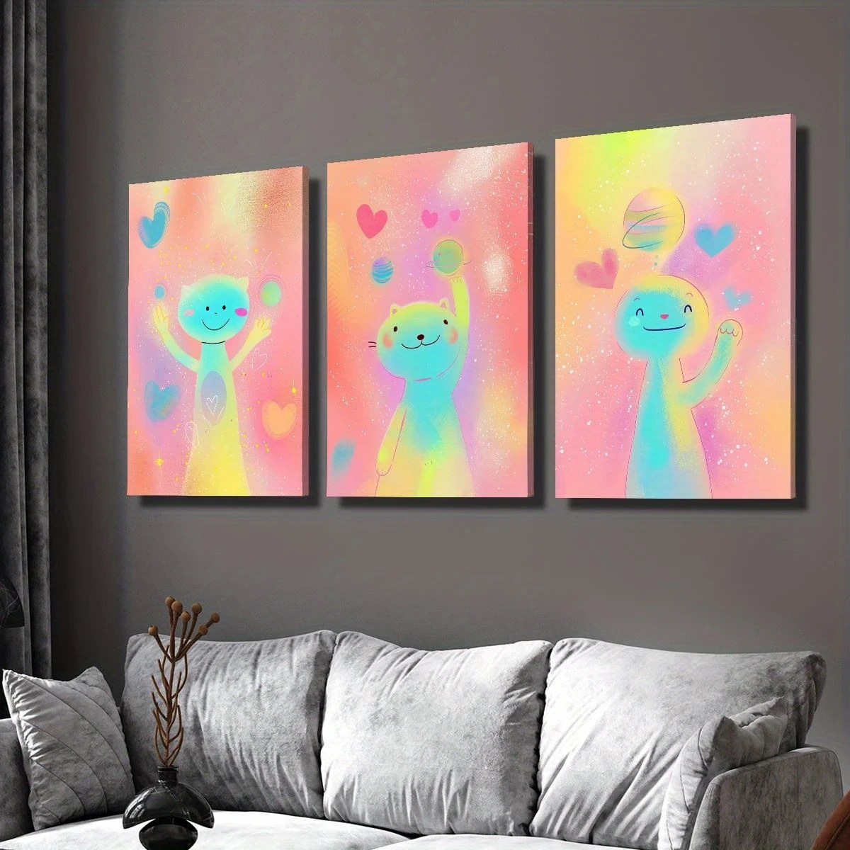3pcs Wood Framed Canvas Print Art, Cartoon Cute Pink Spaceman
