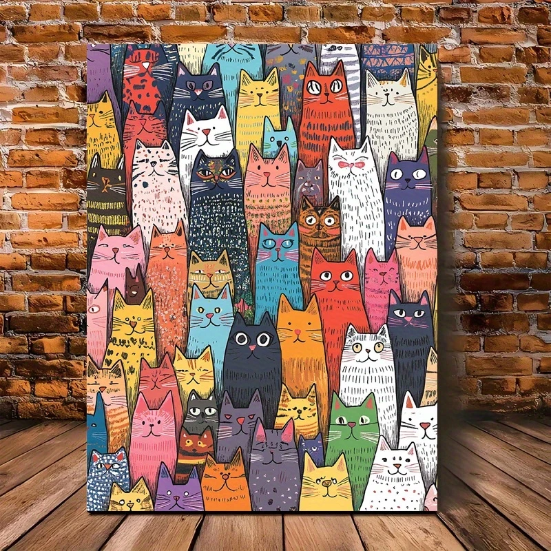 1pc Cartoon Cat Canvas Wall Art with Wooden Frame