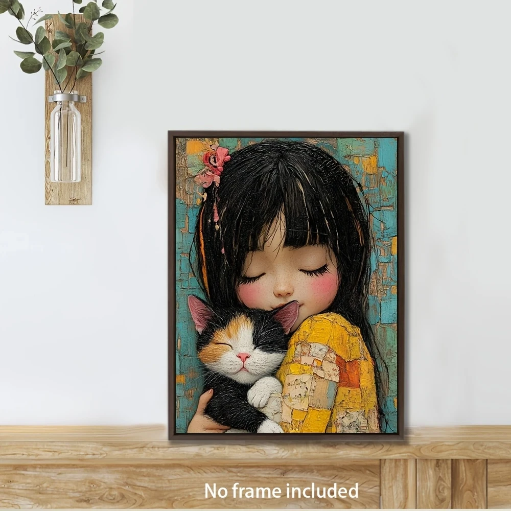 Hand-painted Girl Holding a Kitten Canvas Painting  Wall Art Decoration