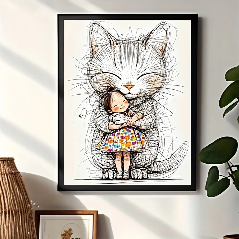 Charming Cartoon Cat & Girl Watercolor Canvas Art  Frameless Modern Wall Art