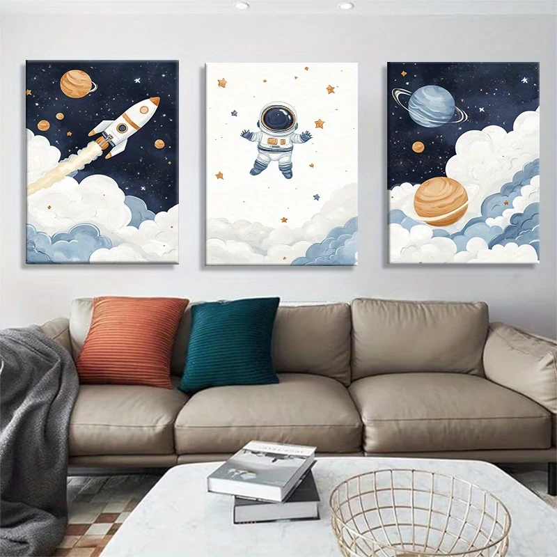 3pcs Space Adventure Wall Art Cute Astronaut & Rocket in Outer Space Canvas Prints