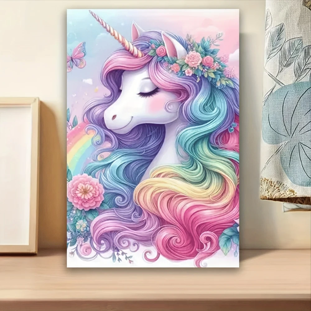 1pc One Piece Unicorn Canvas Wall Art  Vibrant Rainbow Mane & Pastel Floral Design
