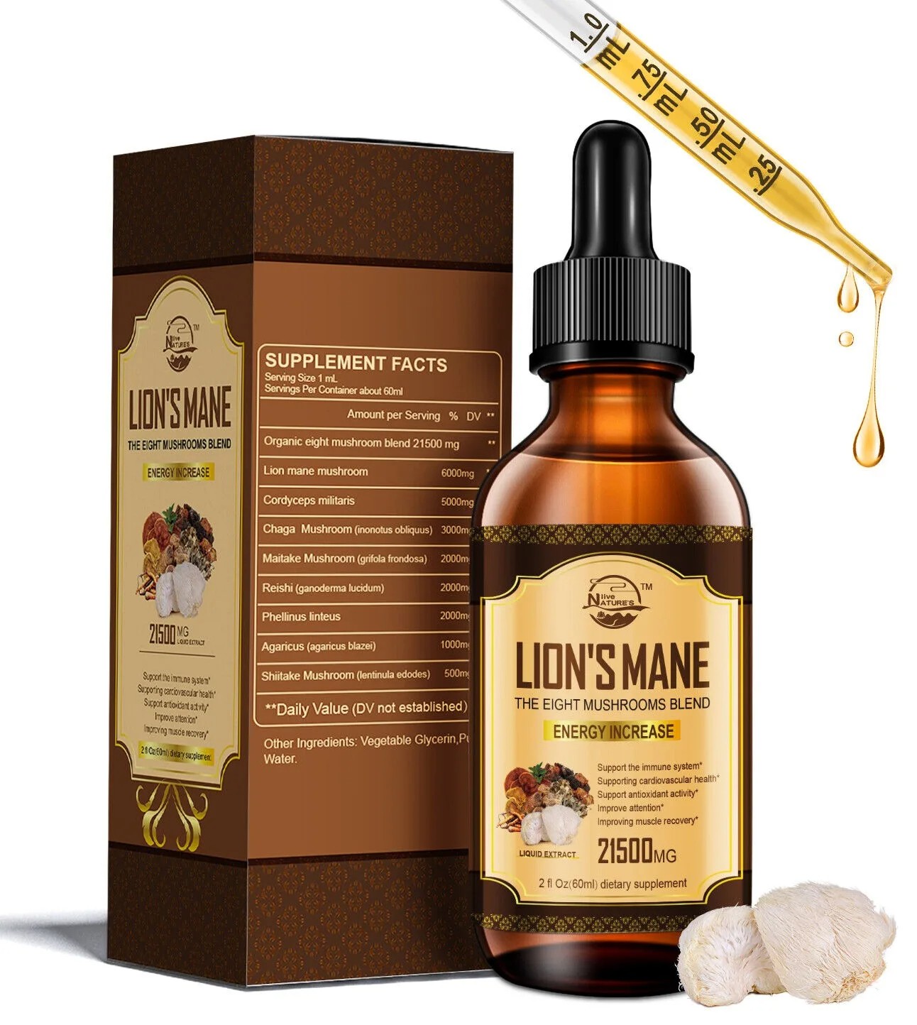 60ml Lions Mane, Chaga Mushroom Complex Reishi Extract Liquid Herbal Drops