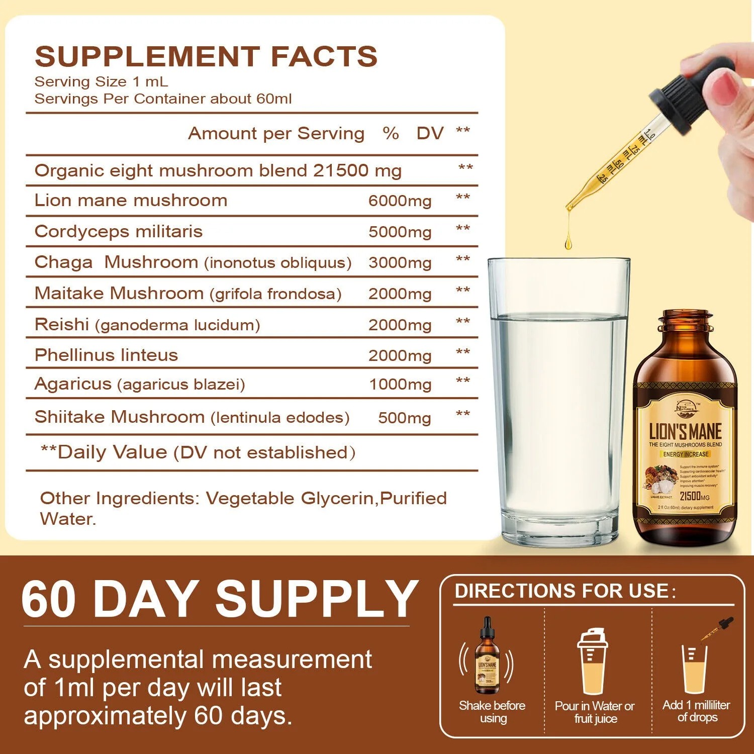 60ml Lions Mane, Chaga Mushroom Complex Reishi Extract Liquid Herbal Drops