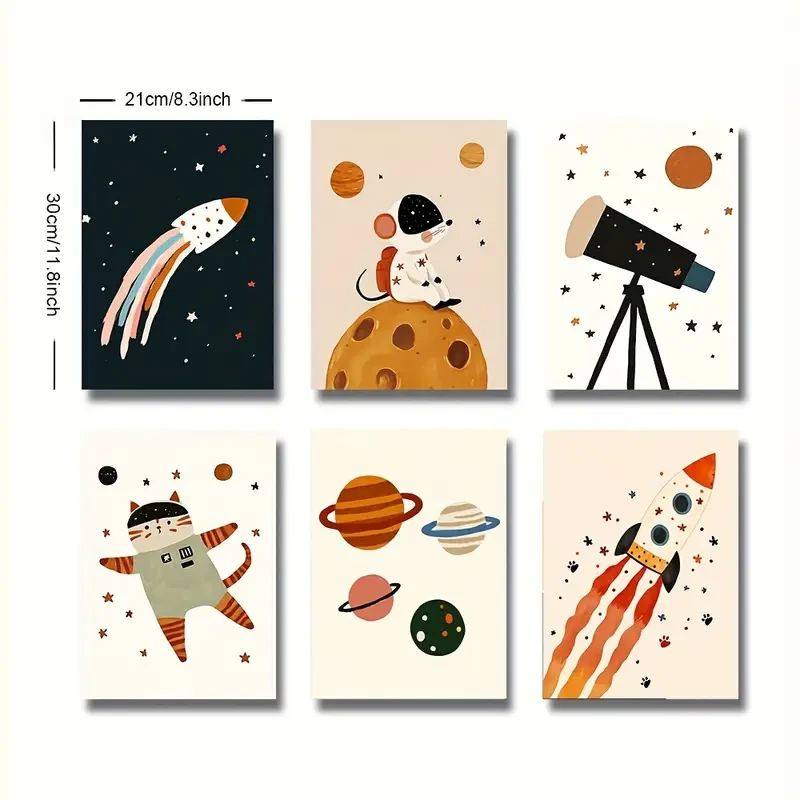 Set of 6 Unframed Outer Space Adventure Nursery Canvas Poster Print Inspiring Space-Themed Wall Art for Youngsters Rooms